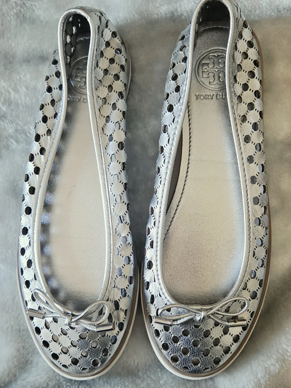 Tory Burch Women's Polka Dot Bow Flats in Silver Gray
